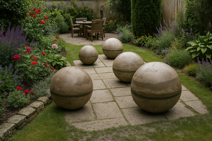 A garden path featuring five large decorative stone spheres and flowering plants.