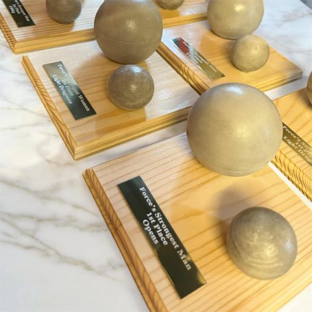 Collection of grey spheres of various sizes displayed on wooden bases with labels.