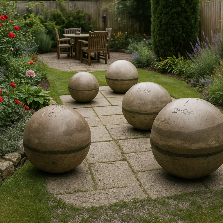 Garden path with five large decorative spheres and wooden seating among flowers.